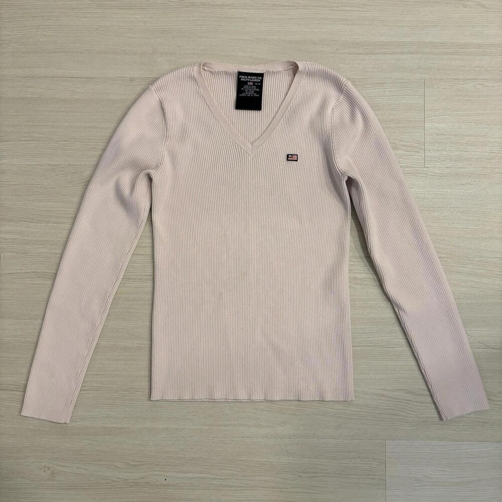 VTG Y2K Polo Ralph Lauren Polo Jeans Pink Ribbed Sweater Size M Preppy Old Money